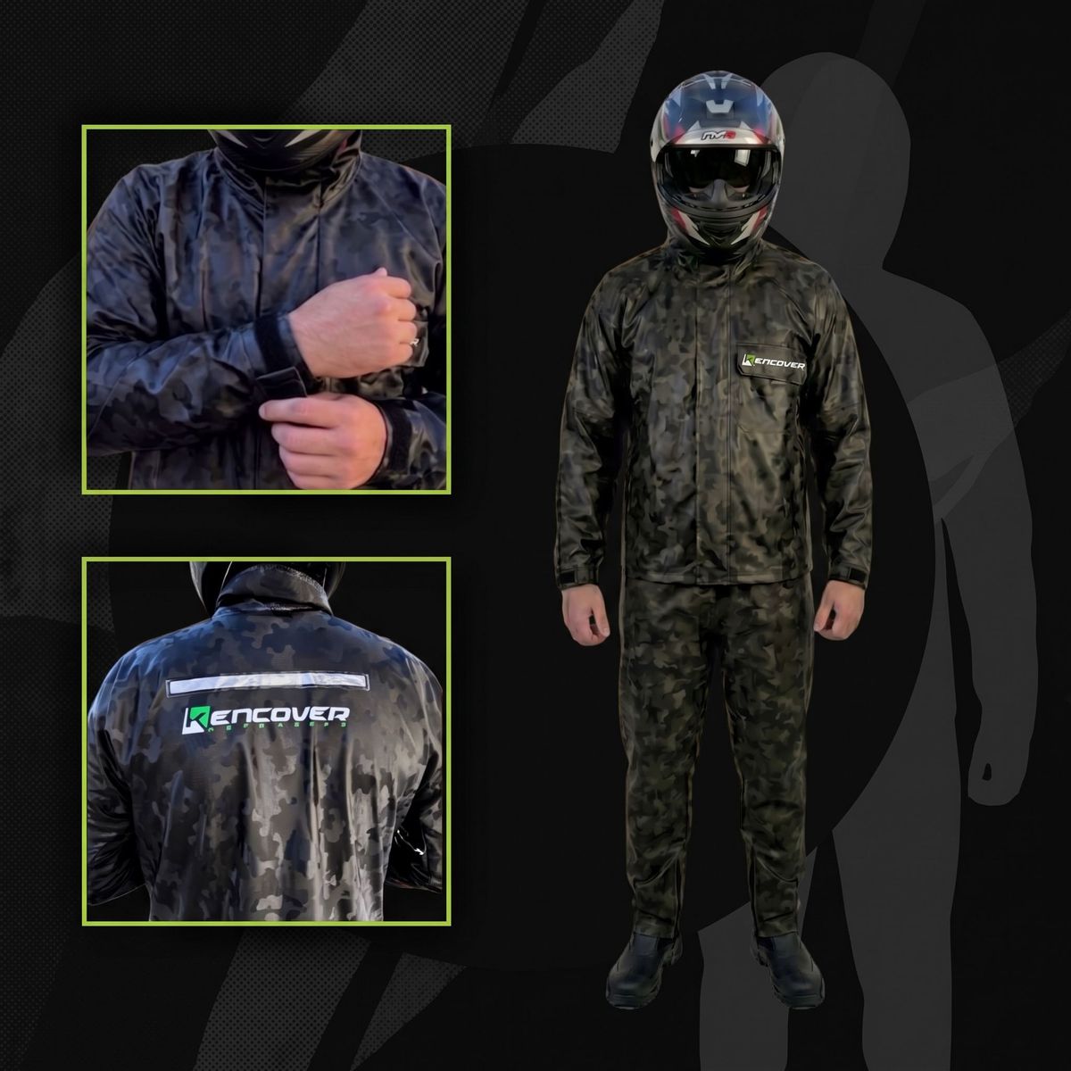 Capa de chuva Kencover camuflada vestida por um motociclista de capacete