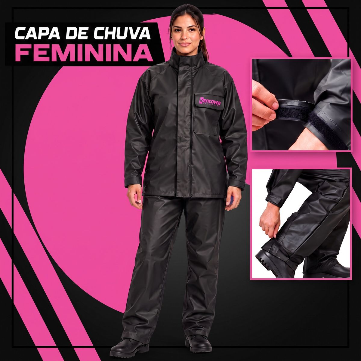 Capa de chuva feminina Kencover vestida, com detalhes do punho e do calcanhar
